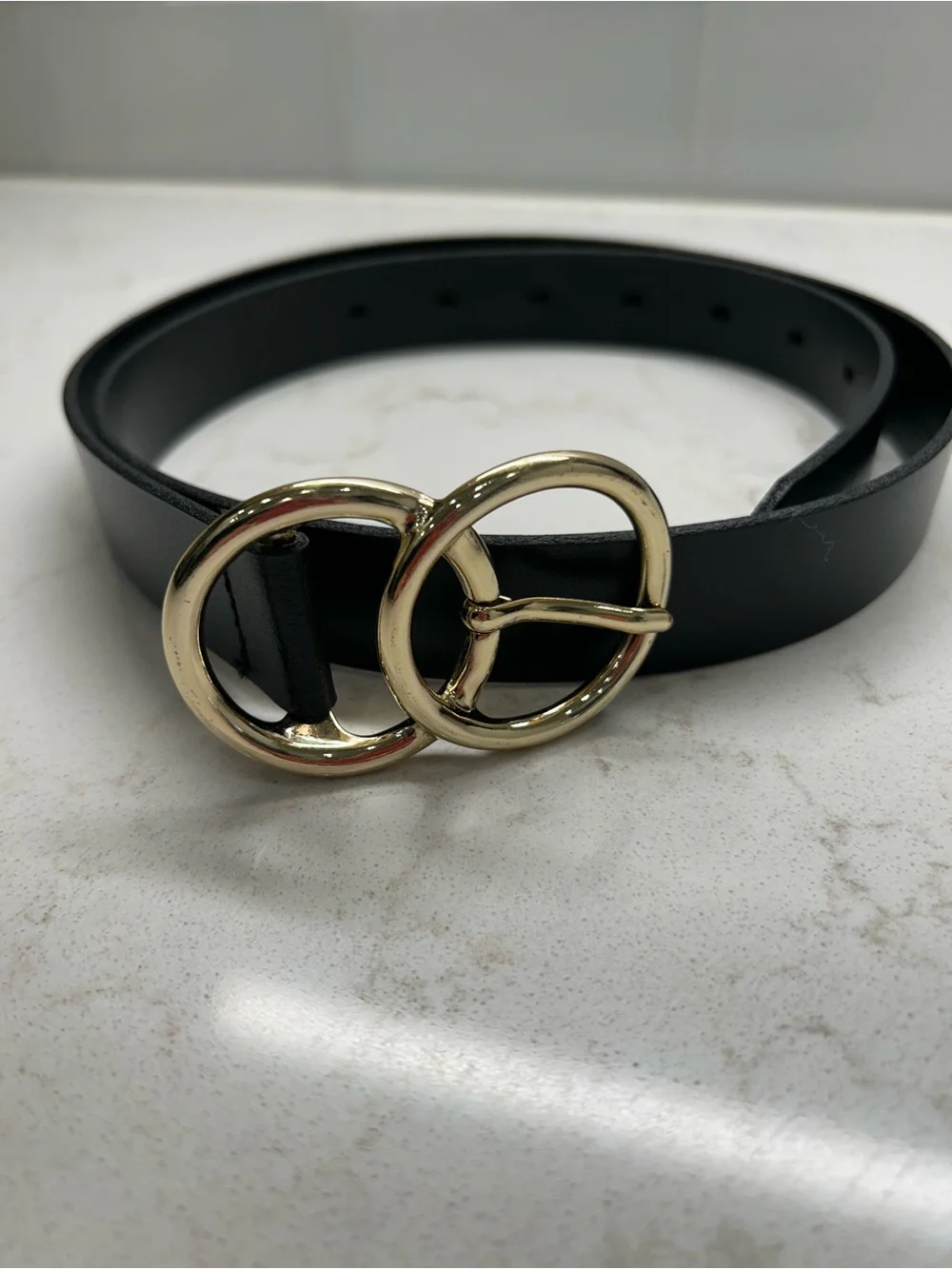 Classic Black Leather Belt with Gold Double-Ring Buckle